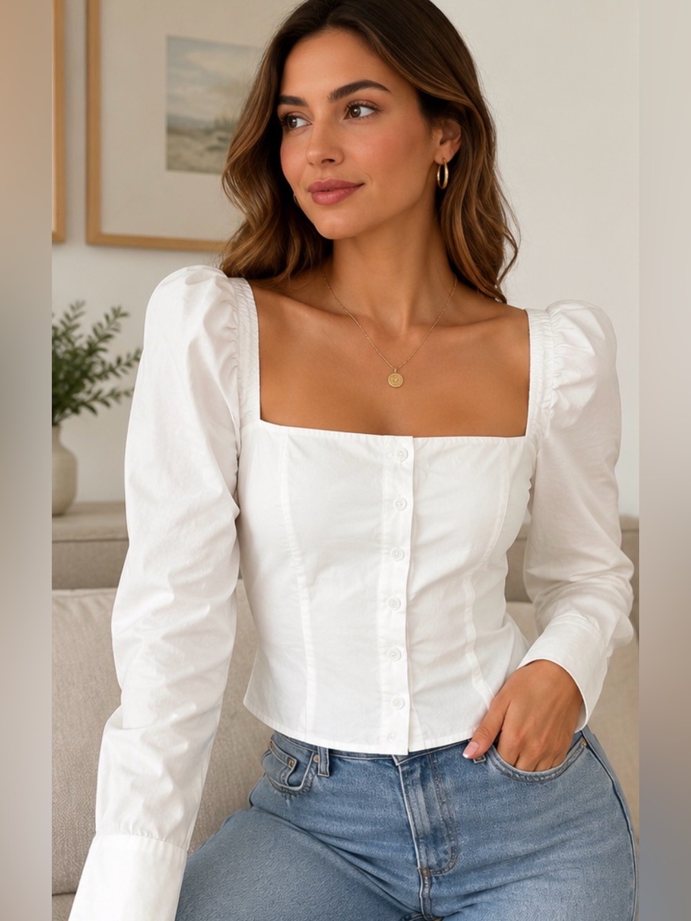 NWT LULUS WHITE COTTON PUFF SLEEVE SQUARE NECK BLOUSE XL ROMANTIC COTTAGECORE